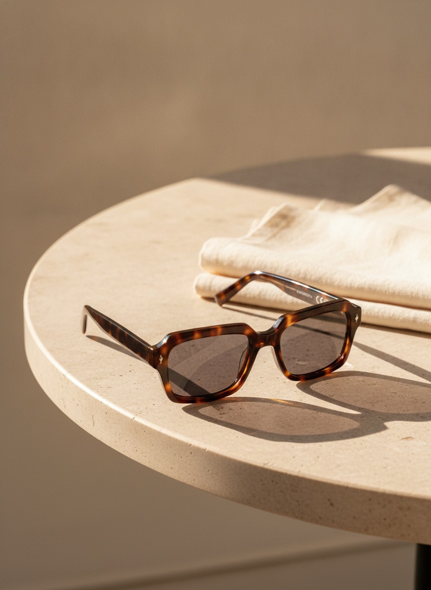 The sunglasses on a sunlit stone café table, lenses casting a grey shadow