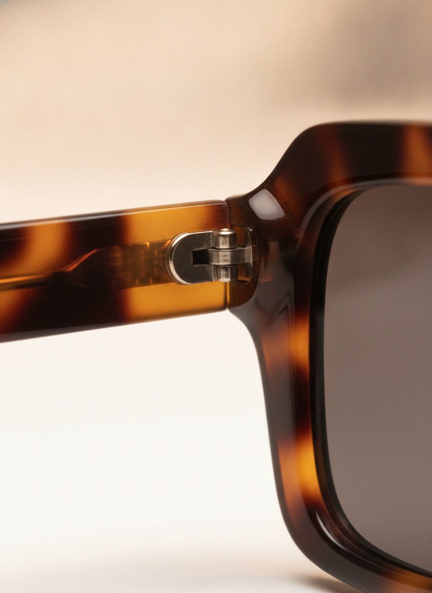 Extreme macro of the steel hinge pin set flush into the tortoiseshell acetate