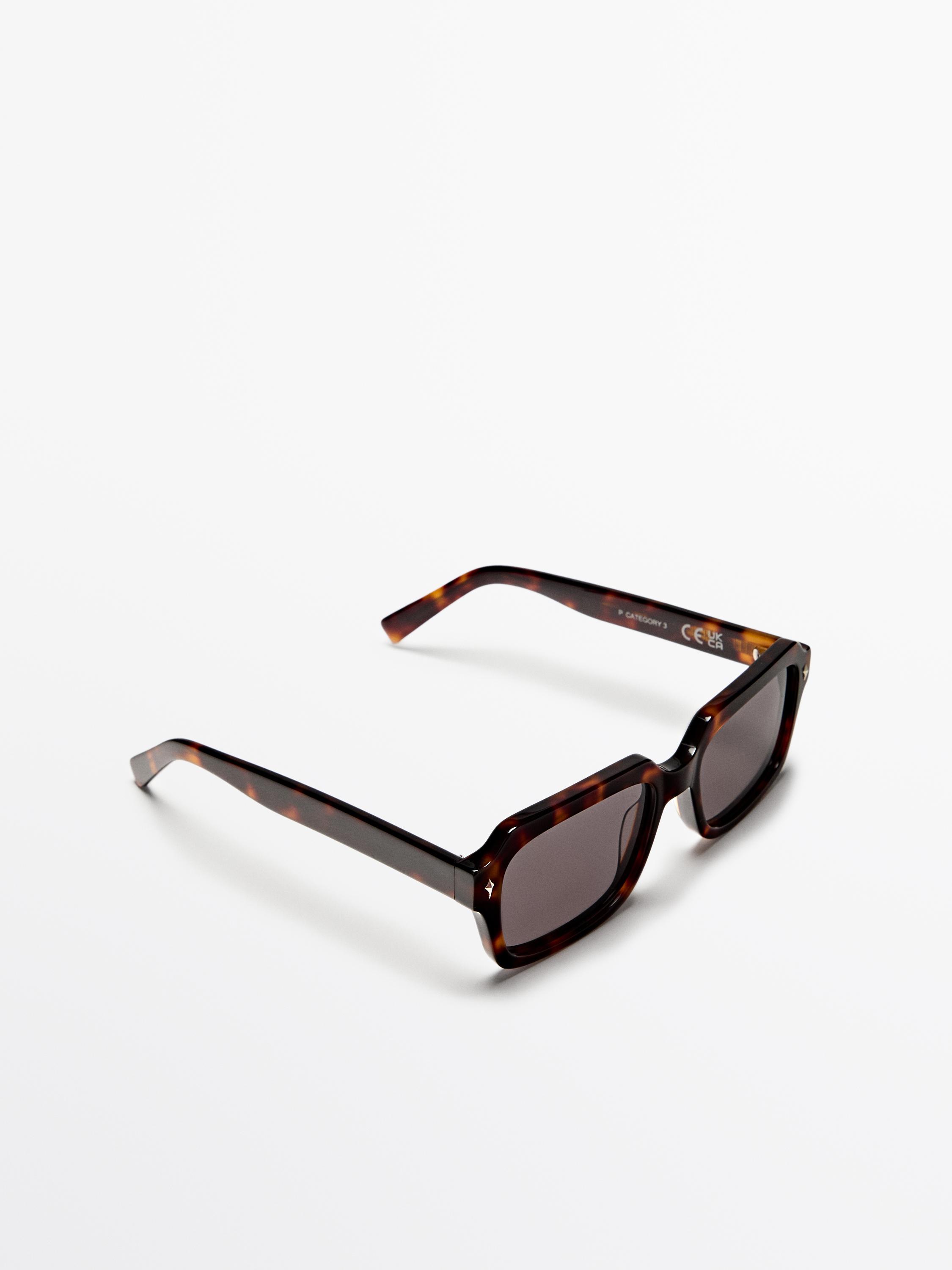 Square tortoiseshell sunglasses, three-quarter studio view